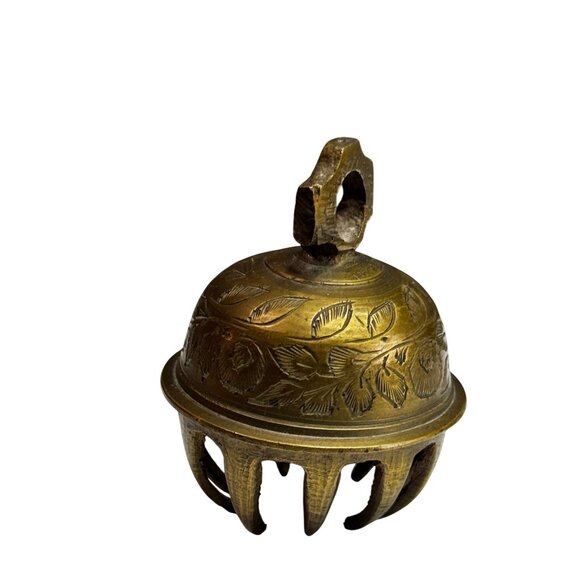 Sarna Brass Elephant Claw Bell Hand Engraved Floral Design 2 1/2" - Picture 3 of 6
